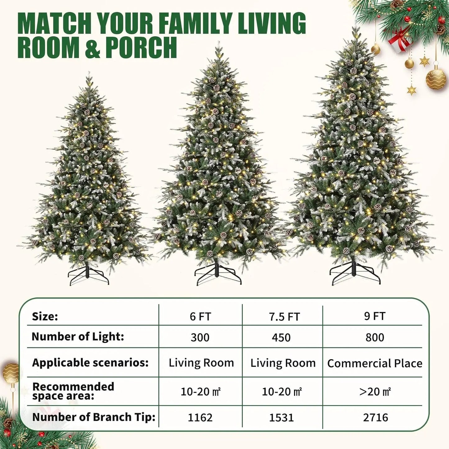 6Ft/7.5Ft/9Ft Pre - Lit Snow Flocked Christmas Tree 8 - Modes LED Lights Prelit Artificial Tree With Fake Pine Cones For Home Decor - MAGUSTA BEAUTY