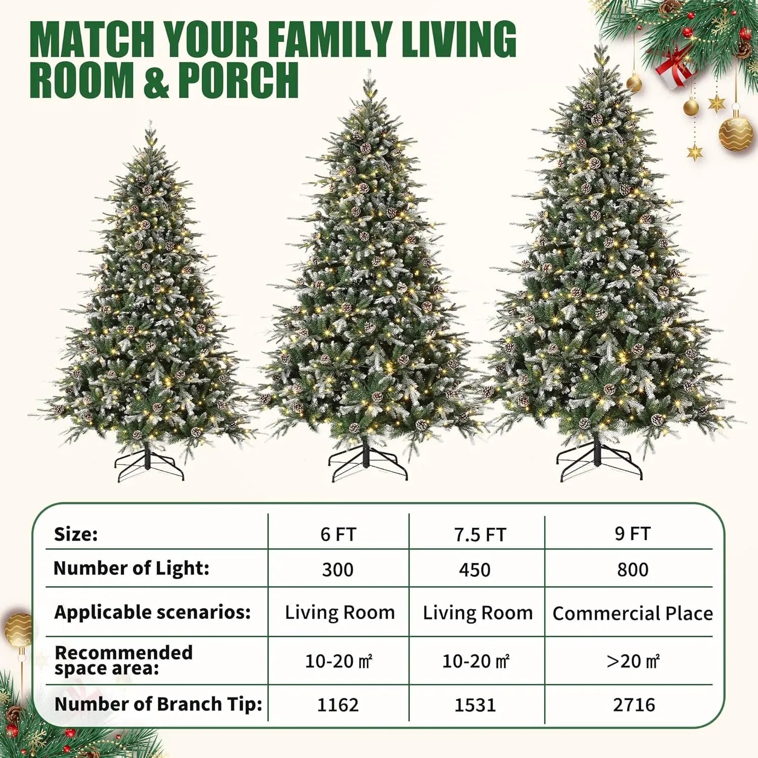 6Ft/7.5Ft/9Ft Pre - Lit Snow Flocked Christmas Tree 8 - Modes LED Lights Prelit Artificial Tree With Fake Pine Cones For Home Decor - MAGUSTA BEAUTY