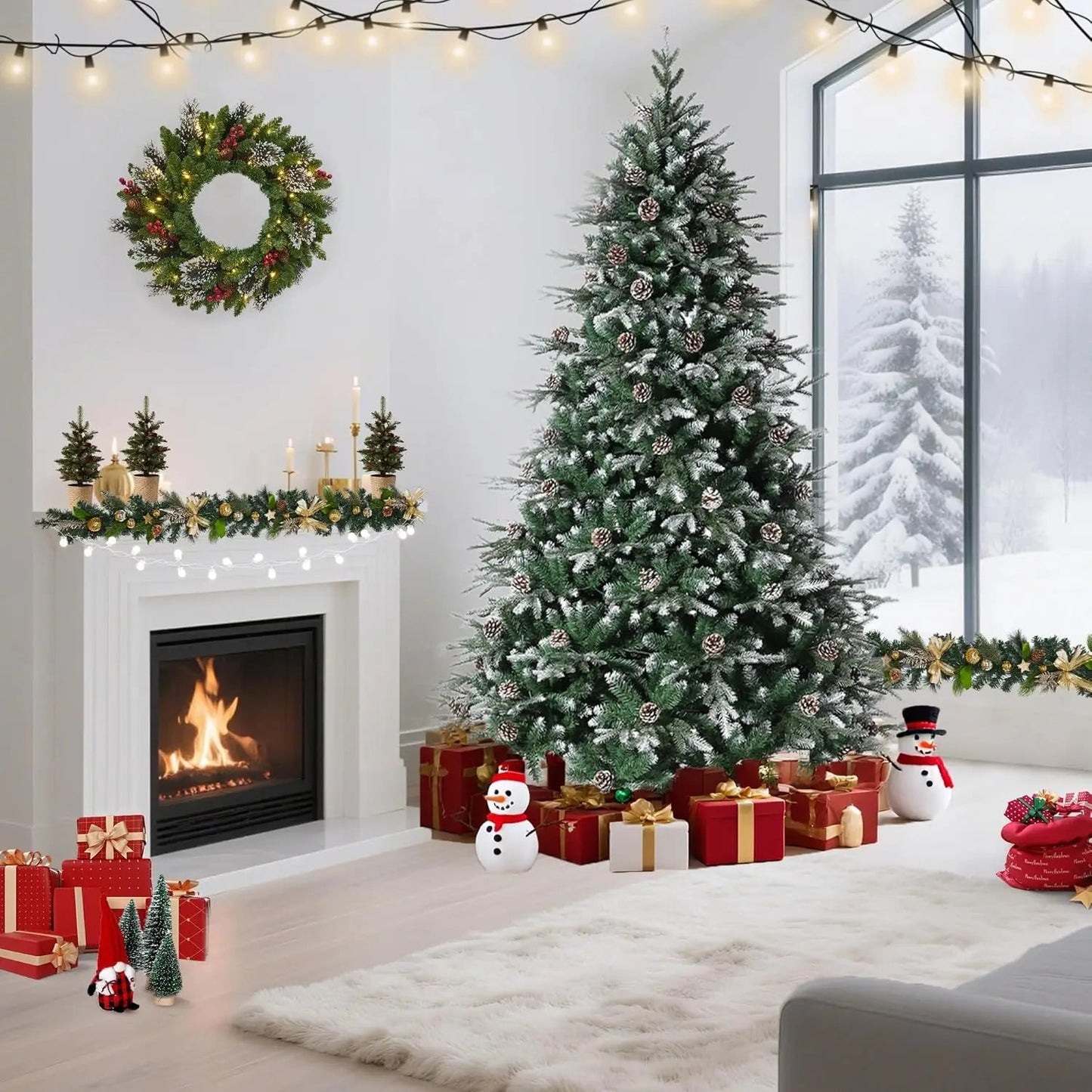 6Ft/7.5Ft/9Ft Pre - Lit Snow Flocked Christmas Tree 8 - Modes LED Lights Prelit Artificial Tree With Fake Pine Cones For Home Decor - MAGUSTA BEAUTY