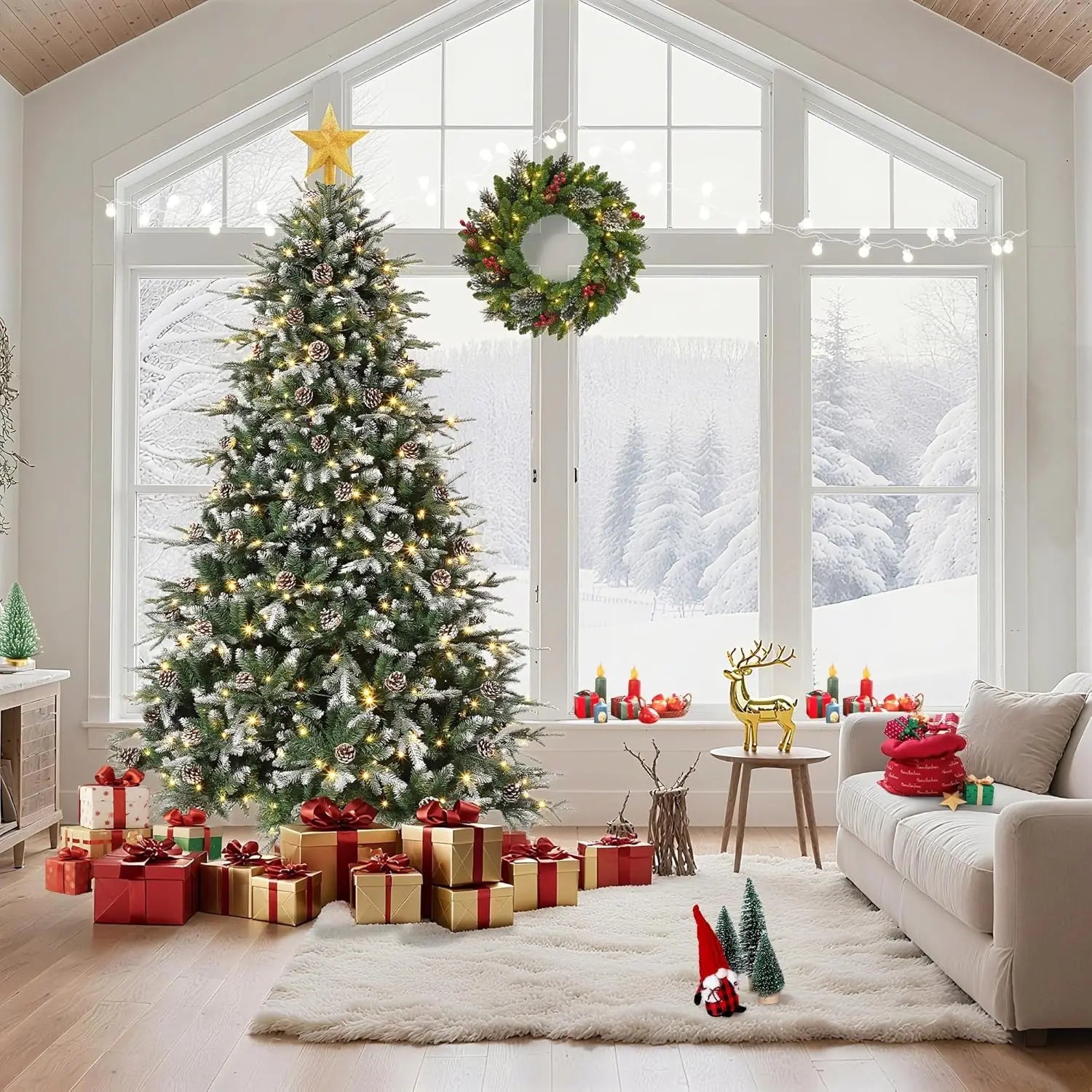 6Ft/7.5Ft/9Ft Pre - Lit Snow Flocked Christmas Tree 8 - Modes LED Lights Prelit Artificial Tree With Fake Pine Cones For Home Decor - MAGUSTA BEAUTY