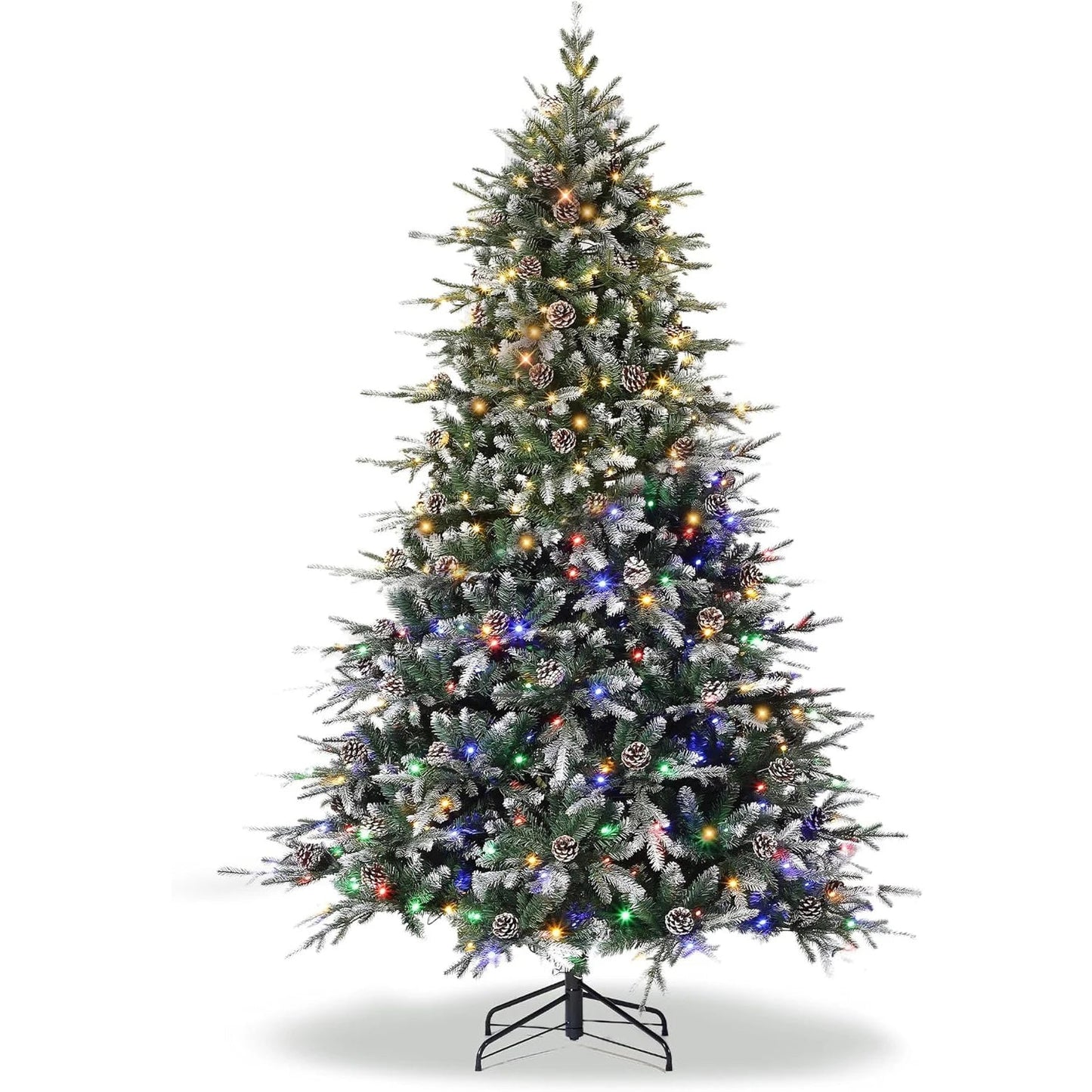 6Ft/7.5Ft/9Ft Pre - Lit Snow Flocked Christmas Tree 8 - Modes LED Lights Prelit Artificial Tree With Fake Pine Cones For Home Decor - MAGUSTA BEAUTY