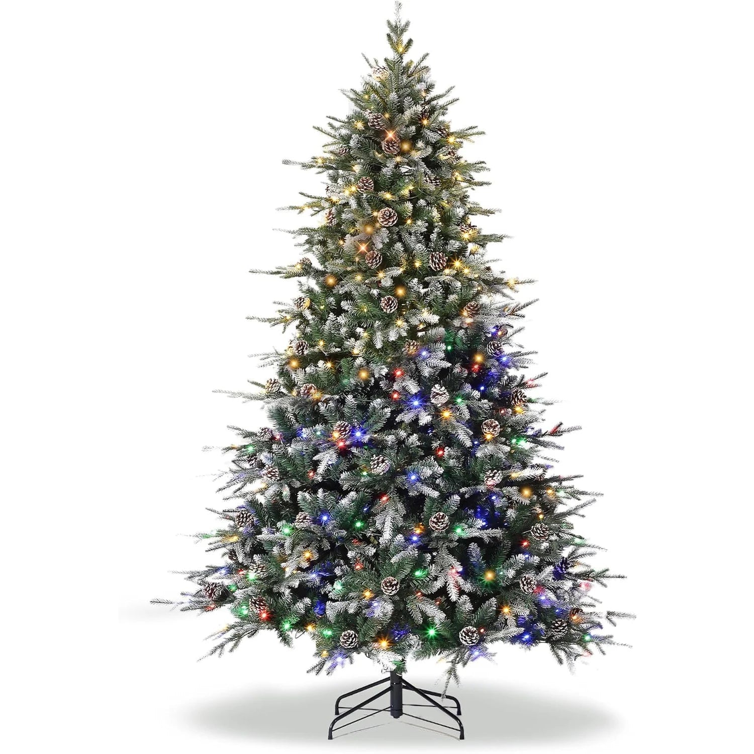 6Ft/7.5Ft/9Ft Pre - Lit Snow Flocked Christmas Tree 8 - Modes LED Lights Prelit Artificial Tree With Fake Pine Cones For Home Decor - MAGUSTA BEAUTY