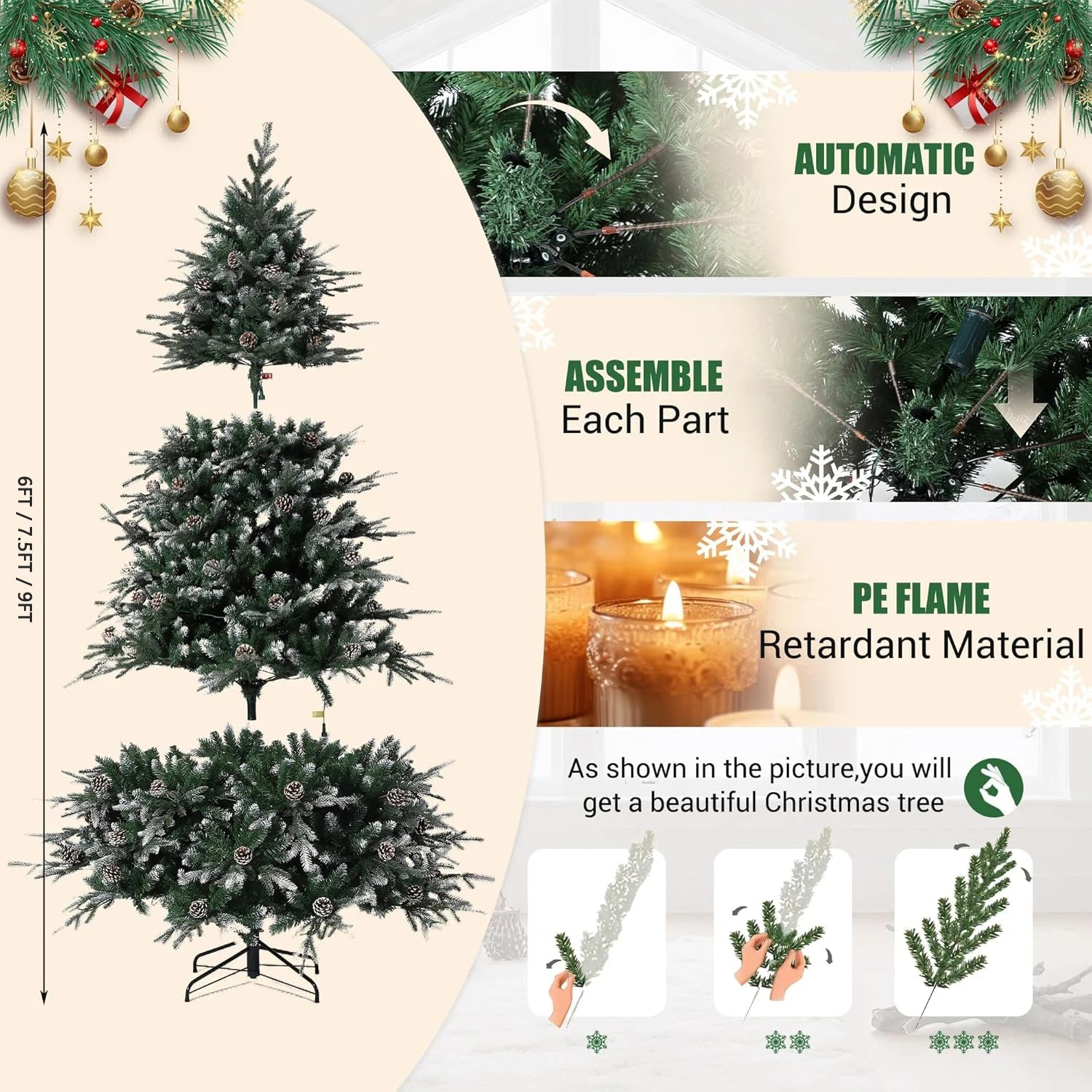 6Ft/7.5Ft/9Ft Pre - Lit Snow Flocked Christmas Tree 8 - Modes LED Lights Prelit Artificial Tree With Fake Pine Cones For Home Decor - MAGUSTA BEAUTY