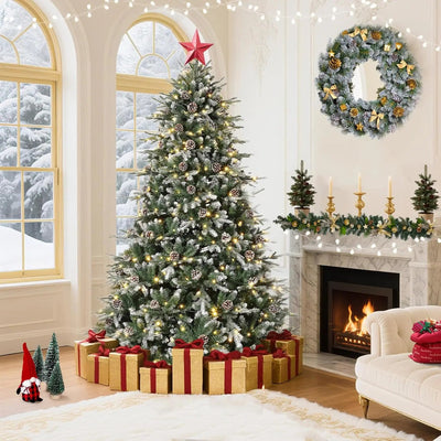 6Ft/7.5Ft/9Ft Pre - Lit Snow Flocked Christmas Tree 8 - Modes LED Lights Prelit Artificial Tree With Fake Pine Cones For Home Decor - MAGUSTA BEAUTY