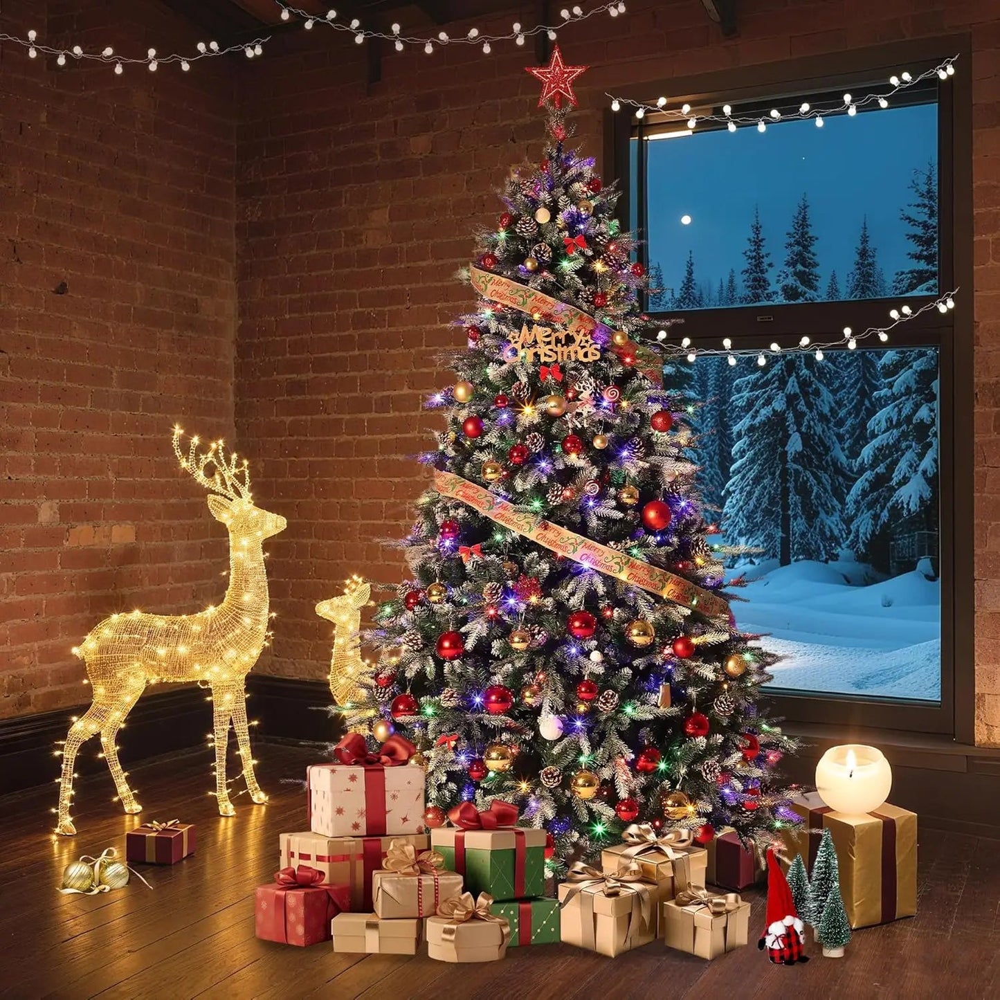 6Ft/7.5Ft/9Ft Pre - Lit Snow Flocked Christmas Tree 8 - Modes LED Lights Prelit Artificial Tree With Fake Pine Cones For Home Decor - MAGUSTA BEAUTY