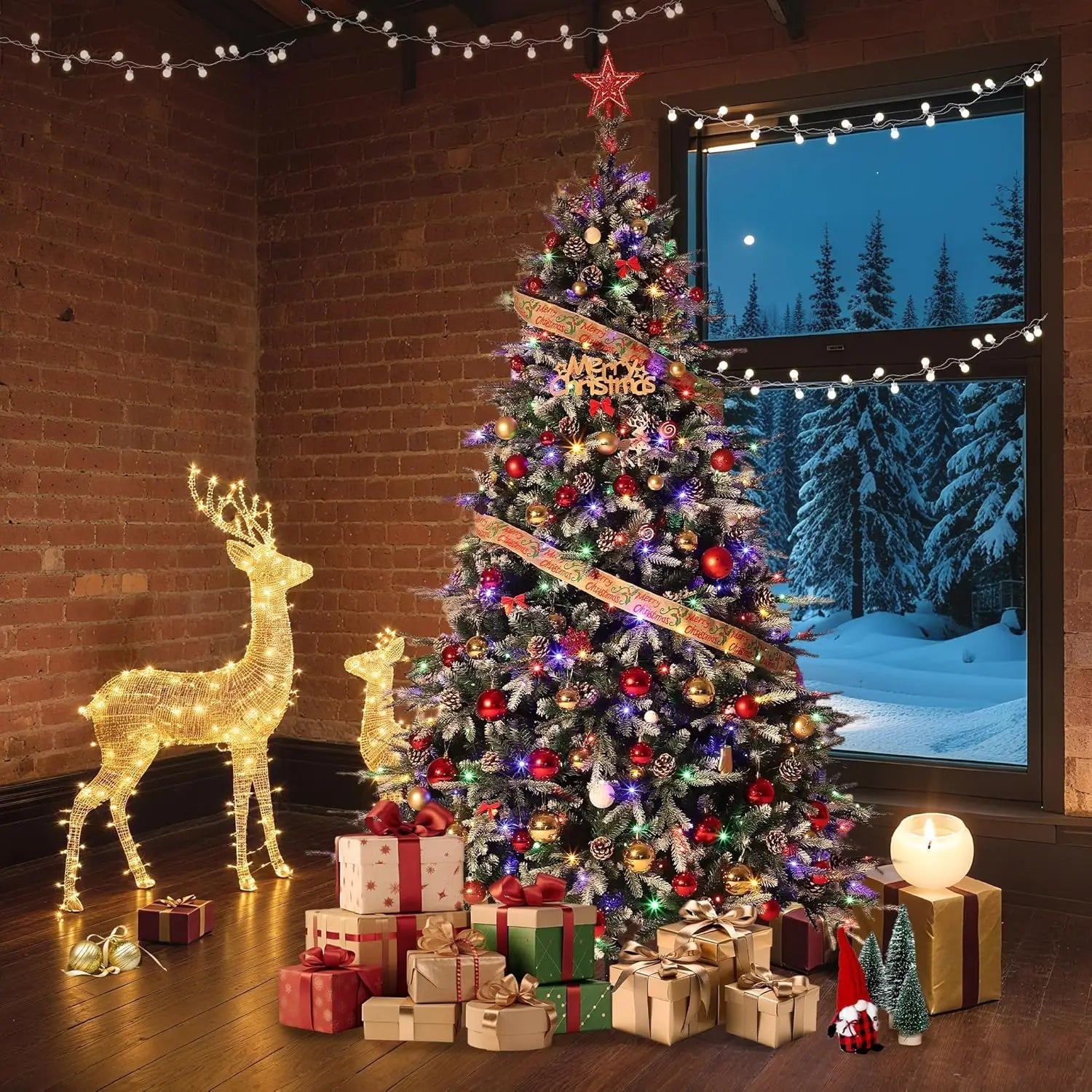 6Ft/7.5Ft/9Ft Pre - Lit Snow Flocked Christmas Tree 8 - Modes LED Lights Prelit Artificial Tree With Fake Pine Cones For Home Decor - MAGUSTA BEAUTY