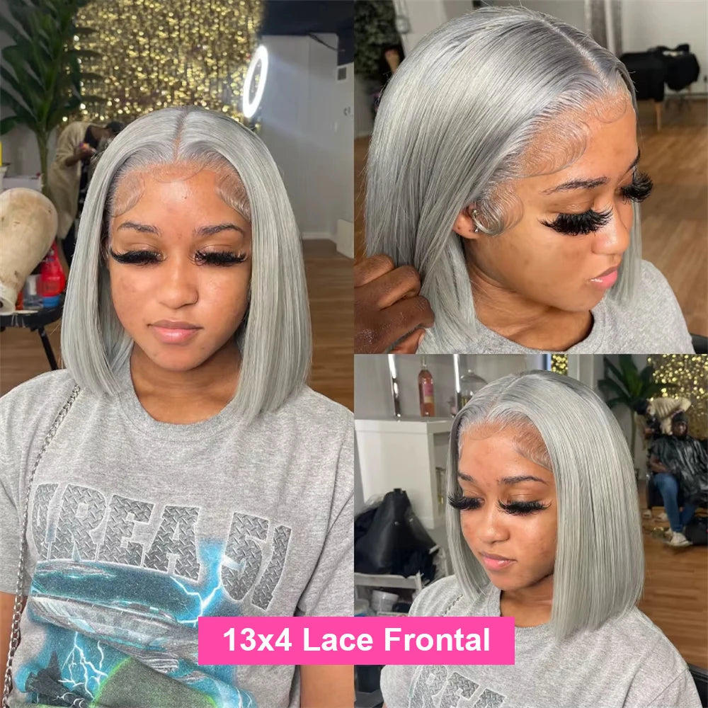 Straight Short Bob Gray 100% Human Hair Wig Lace Front Grey 13X4 Lace Frontal Bob Wig Colored Raw Human Hair Wigs 210 Density