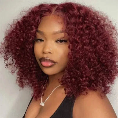 99J Farbige lockige Deep Water Wave Lace Front Perücke Weinrot Remy Echthaar Bob Perücken für Damen, vorgezupft