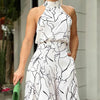 Summer women's geometric printed sleeveless pants with elegant temperament cinched waist tie up hanging neck style jumpsuit