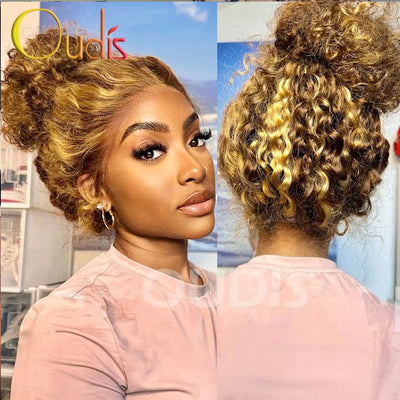 Wasserwelle 30 Zoll Unsichtbarer Riemen 360 Voll-Spitzenperücke Honigblond Highlight Tiefe Welle Frontalperücke Klebefreie Perücke Echthaar