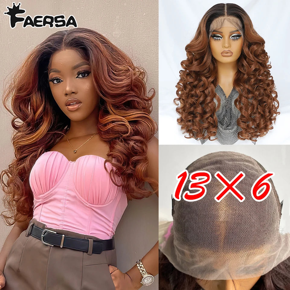 Latisha 13X6 HD Synthetische Spitzenfrontperücke lockig vorgezupfte Lace-Frontal-Perücke mit Pony für Damen, Highlights mit Babyhaar, 24 Zoll