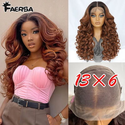 Latisha 13X6 HD Synthetische Spitzenfrontperücke lockig vorgezupfte Lace-Frontal-Perücke mit Pony für Damen, Highlights mit Babyhaar, 24 Zoll