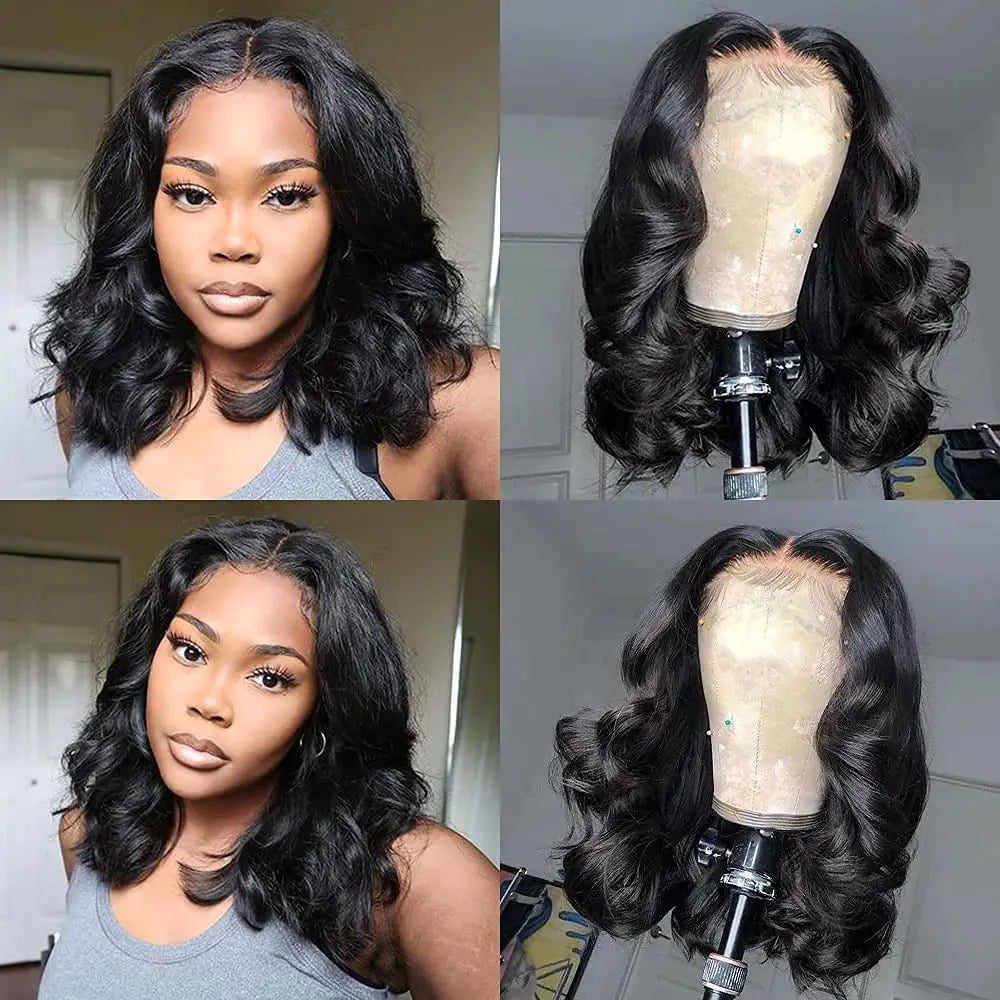 13x4 Lace Frontal Perücke Echthaar Kurze Bob Perücke Body Wave 4x4 HD Lace Front Verschluss Perücke Brasilianisches unbehandeltes Haar Natur Schwarz Farbe