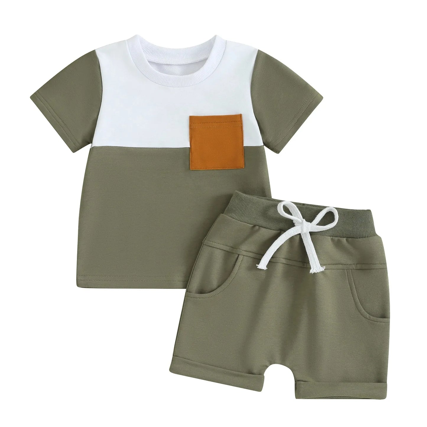 Fashion Summer Baby Boys Clothes Set Short Sleeve Pocket Contrast Color T-shirt + Elastic Waist Shorts 2PCS Kids infant Outfits