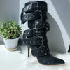 Onlymaker Women Pointed Toe Mid-Calf Boots Buckle Strap Thin High Heel Lady Zipper Female  Stiletto Boots