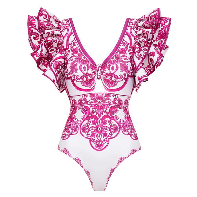 Flaxmaker Long Sleeves Majolica Series Pattern Print One Piece Swimsuit Biquini Beachwear Women Sexy Bikini Sets Swimsuit