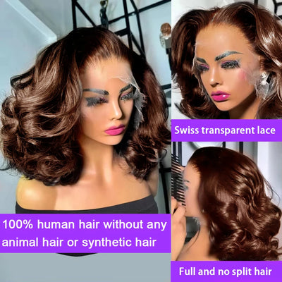 250% Density Dark Brown #4 Short Bob Wig 13x4 HD Lace Front Wig Loose Body Wave Bob Wigs For Women 100% Human Hair Lace Wigs