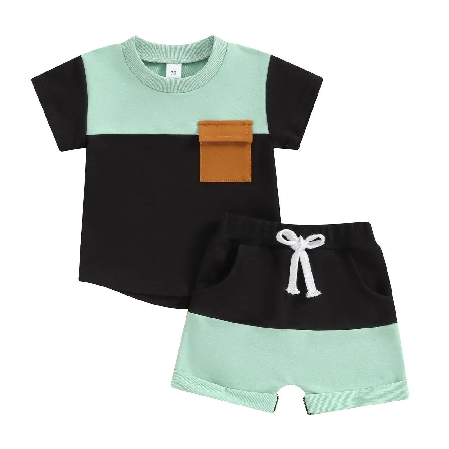 Fashion Summer Baby Boys Clothes Set Short Sleeve Pocket Contrast Color T-shirt + Elastic Waist Shorts 2PCS Kids infant Outfits