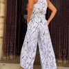 Summer women's geometric printed sleeveless pants with elegant temperament cinched waist tie up hanging neck style jumpsuit