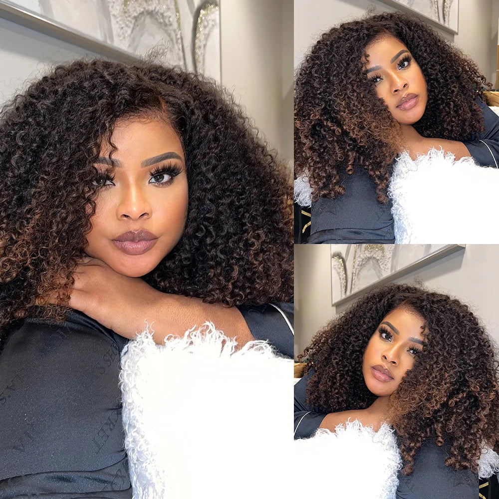 Ombre Brown Wear Go Human Hair Wigs Pre-Styled Layered Cut Kinky Curly Wig HD 7x5 Glueless Pre-Cut Wig for Quick Installation