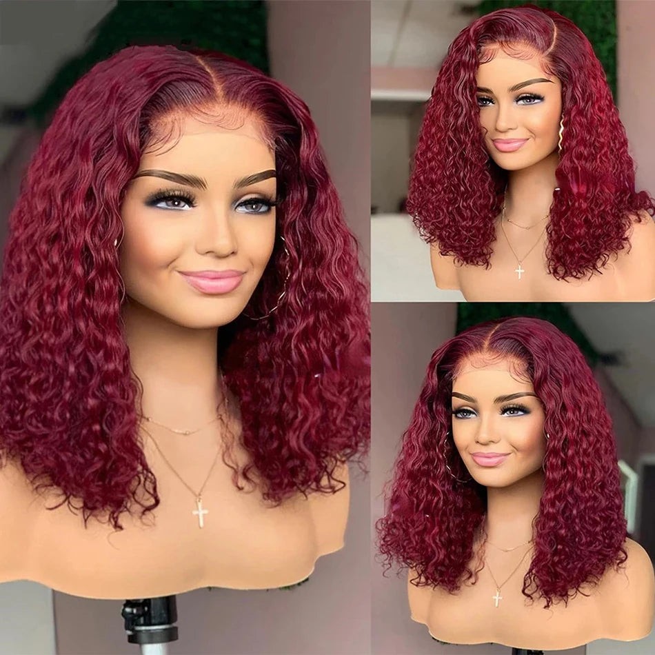 200% Density 99J Burgundy Short Bob Hair Wig 13x4 Lace Front Wig 100% Human Hair Red Colored Deep Wave Lace Frontal Wig 14 Inch