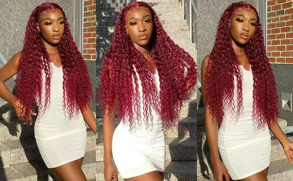 250 Dichte 30 Zoll 13x4 99J Burgundy Deep Wave Lace Front Perücke Lockige Lace Front HD Lace Front Echthaar Perücken für Frauen
