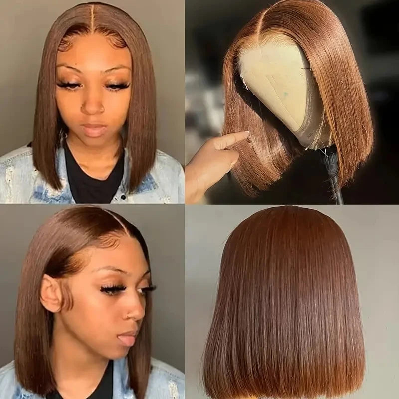 13x4 Transparente HD Lace Frontal Perücke Kurze Bob Perücke Echthaar Schokobraun #4 Lace Front Perücken Vorgezupft Kurze Glatte Perücke