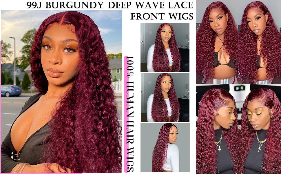 250 Dichte 30 Zoll 13x4 99J Burgundy Deep Wave Lace Front Perücke Lockige Lace Front HD Lace Front Echthaar Perücken für Frauen