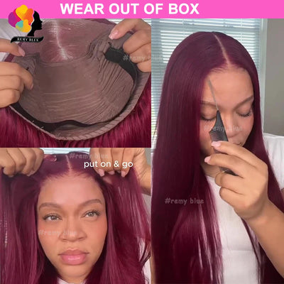 Burgunderfarbene glueless Echthaarperücken 13x4 Lace Front Wig vorgezupft, zum sofortigen Tragen, glatte Echthaar Lace Frontal Perücken für schwarze Frauen