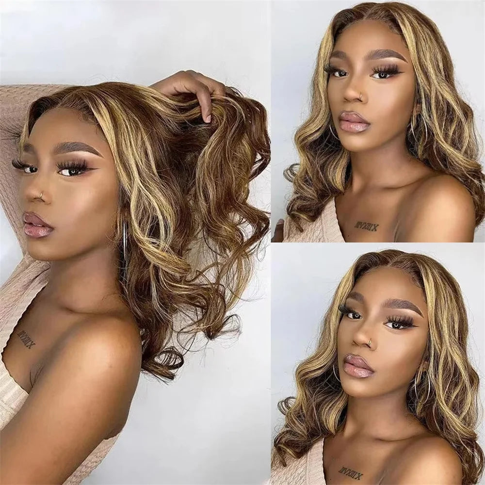Highlight Body Wave Bob Wig Human Hair 13X4 Lace Front Human Hair Wigs Honey Blonde HD Transparent Lace Frontal Wig  For Women