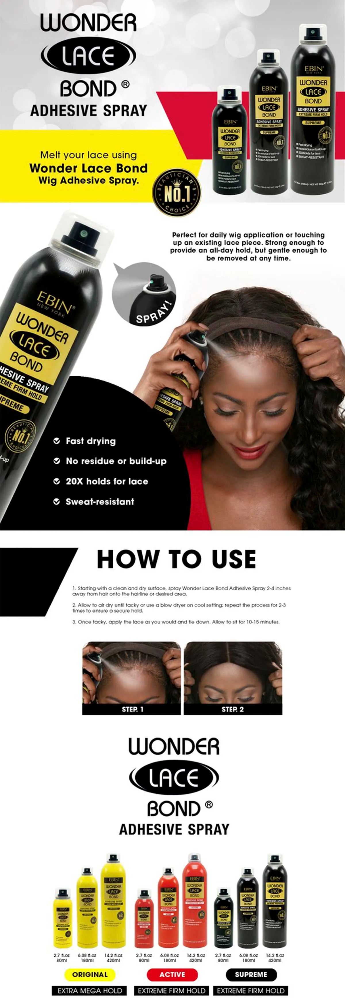 Ebin New York Wonder Lace Bond Adhesive Melting Spray Extreme Firm Hold Supreme – Maximaler Halt, perfekt für den täglichen Gebrauch