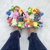 Hausschuhe Damen Baumwoll-Hausschuhe Pelzige Flip-Flops Hausschuhe Süße Teddybär-Puschen Plüsch-Pantoletten Damen Günstige Puschen