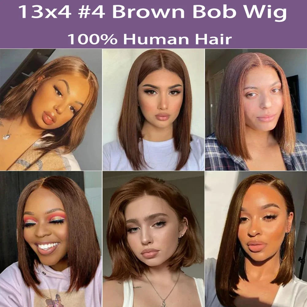 13x4 Transparente HD Lace Frontal Perücke Kurze Bob Perücke Echthaar Schokobraun #4 Lace Front Perücken Vorgezupft Kurze Glatte Perücke