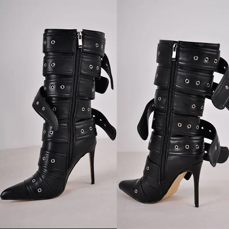 Onlymaker Women Pointed Toe Mid-Calf Boots Buckle Strap Thin High Heel Lady Zipper Female  Stiletto Boots