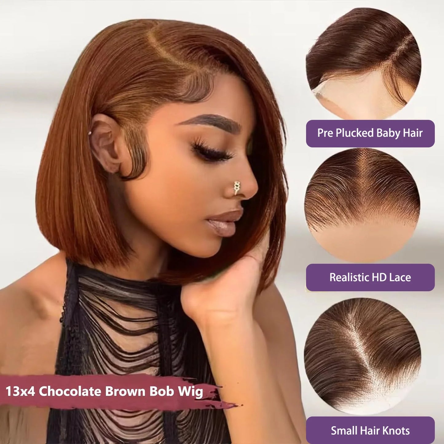 13x4 Transparente HD Lace Frontal Perücke Kurze Bob Perücke Echthaar Schokobraun #4 Lace Front Perücken Vorgezupft Kurze Glatte Perücke
