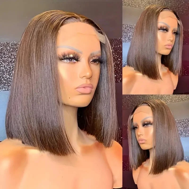 13x4 Transparente HD Lace Frontal Perücke Kurze Bob Perücke Echthaar Schokobraun #4 Lace Front Perücken Vorgezupft Kurze Glatte Perücke