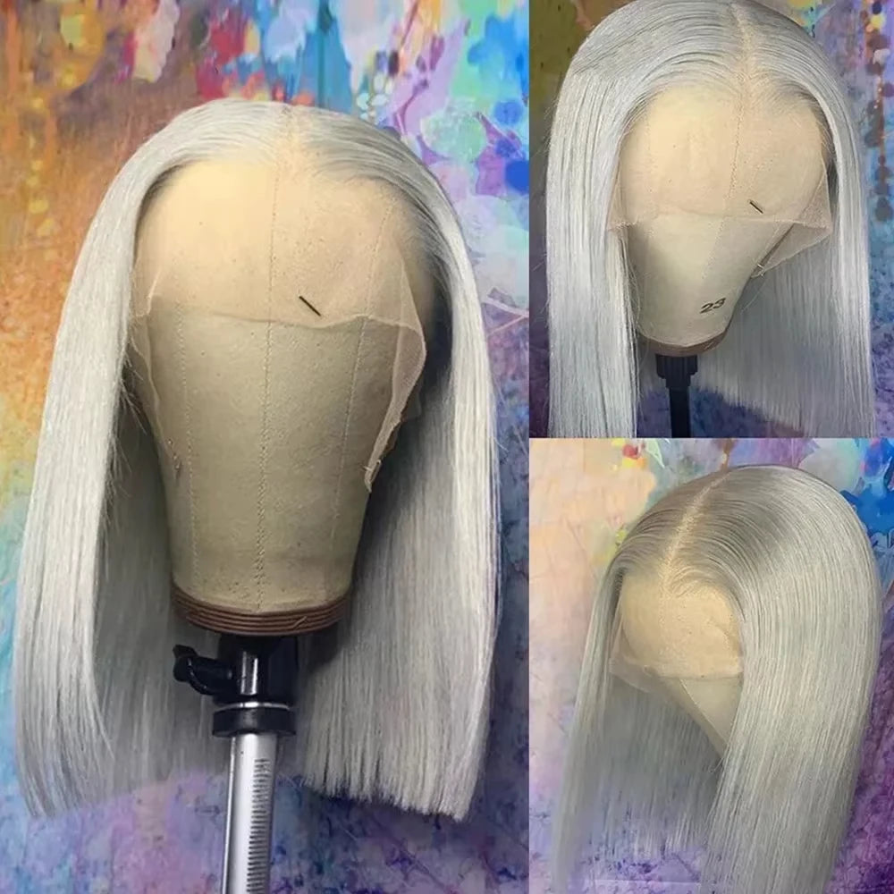Straight Short Bob Gray 100% Human Hair Wig Lace Front Grey 13X4 Lace Frontal Bob Wig Colored Raw Human Hair Wigs 210 Density