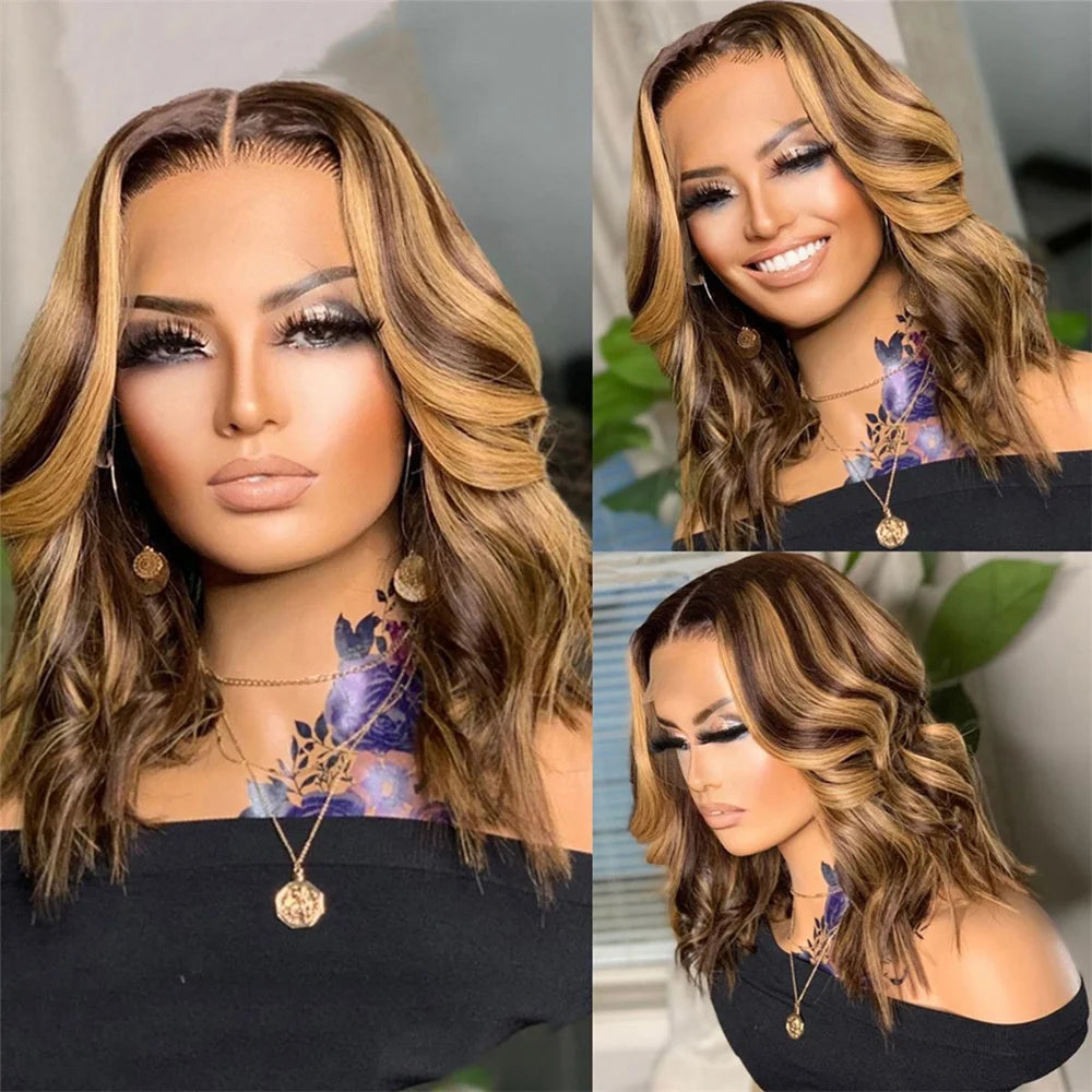 Highlight Body Wave Bob Wig Human Hair 13X4 Lace Front Human Hair Wigs For Women Honey Blonde Transparent Lace Frontal Wig