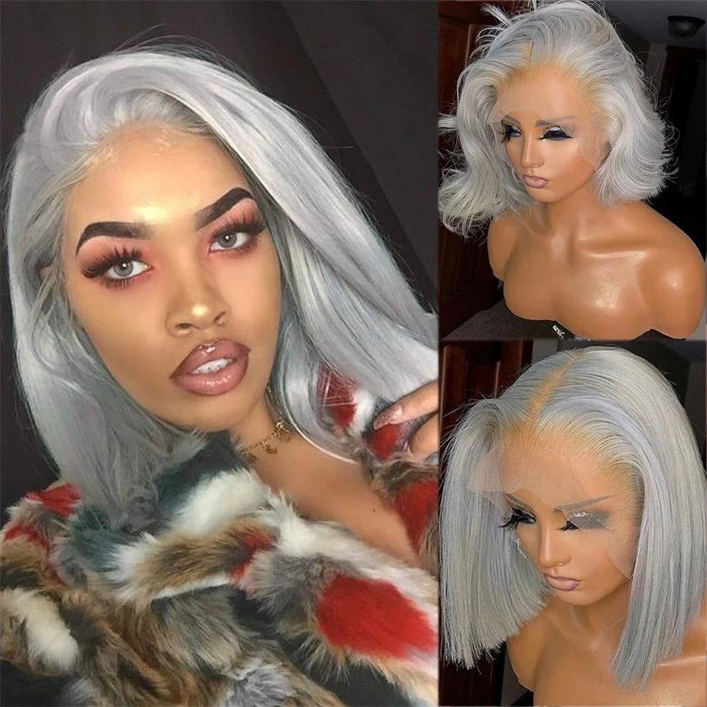 Straight Short Bob Gray 100% Human Hair Wig Lace Front Grey 13X4 Lace Frontal Bob Wig Colored Raw Human Hair Wigs 210 Density