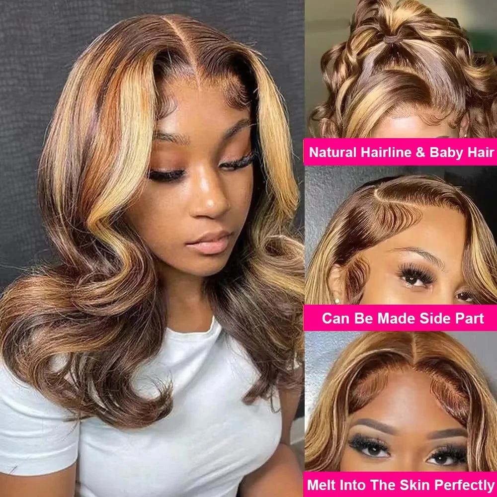 Highlight Body Wave Bob Wig Human Hair 13X4 Lace Front Human Hair Wigs Honey Blonde HD Transparent Lace Frontal Wig  For Women