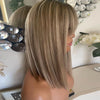 Ash Blonde Balayage Ombré Roots Cute Bangs Wig 100% Premium Virgin Human Hair HD Lace Front Wig 150 Density Straight Bob Wig