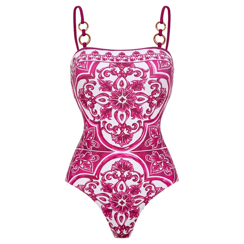 Flaxmaker Long Sleeves Majolica Series Pattern Print One Piece Swimsuit Biquini Beachwear Women Sexy Bikini Sets Swimsuit