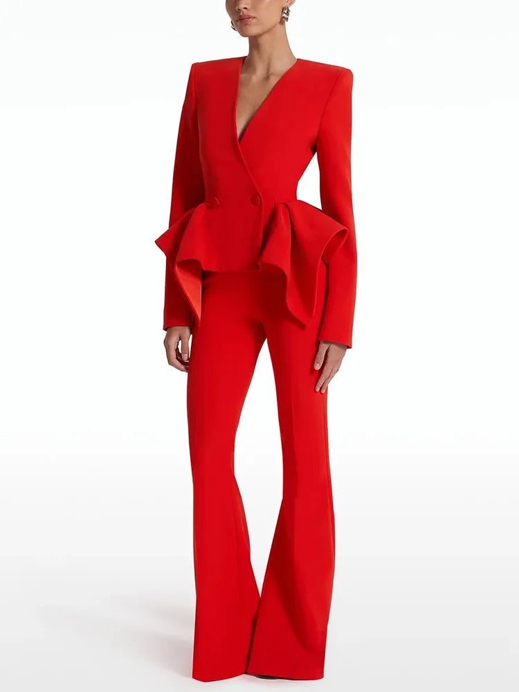 Pantsuit Suits Blazer Women Red Orange New Design Flare Pants Set Two Piece Sets Festival Office Business Female Suit Outfits