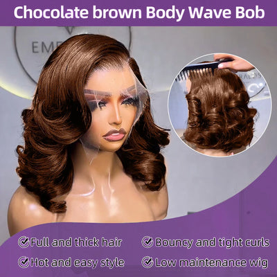 Brown Bob Wig Human Hair 250% 13x4 Body Wave Lace Front Wigs Human Hair Pre Plucked Frontal Chocolate Brown Short Bob Wigs Wavy