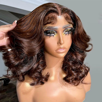 250% Density Dark Brown #4 Short Bob Wig 13x4 HD Lace Front Wig Loose Body Wave Bob Wigs For Women 100% Human Hair Lace Wigs