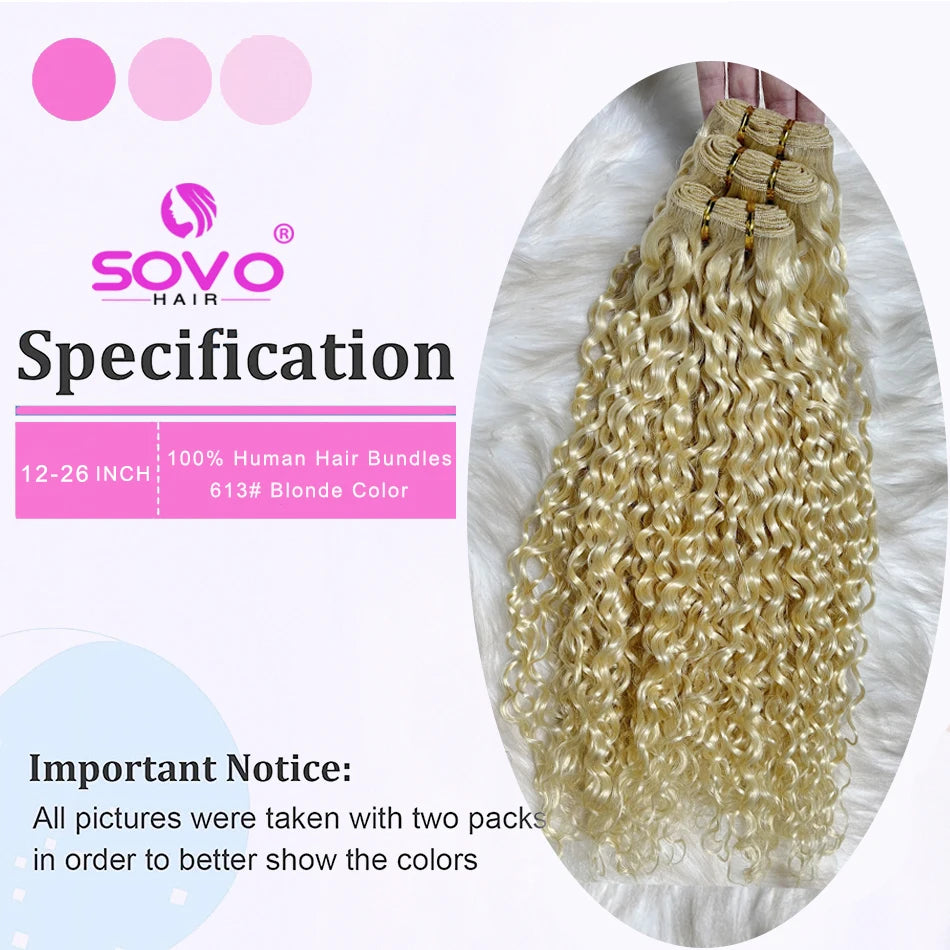 SOVO Honey Blonde Water Wave Human Hair Extensions 100 G Highlight P6/613 Natural Wet and Wavy Peruvian Curly Hair Weave Bundles