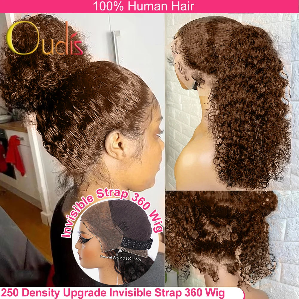 Wasserwelle unsichtbarer Riemen 360 Full HD Lace Front Perücke Schokobraun 30 Zoll Deep Wave Frontal Perücke Klebelose Perücke Echthaar