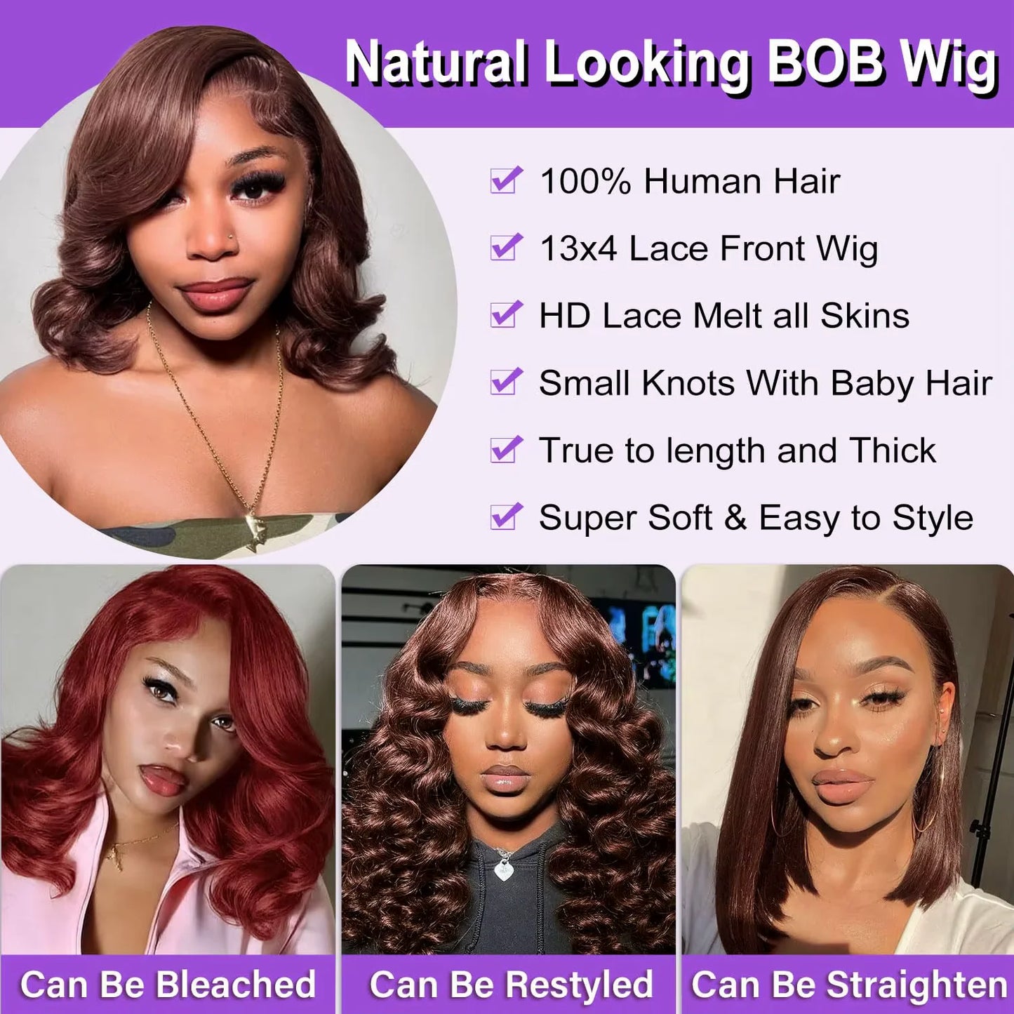 250% Density Dark Brown #4 Short Bob Wig 13x4 HD Lace Front Wig Loose Body Wave Bob Wigs For Women 100% Human Hair Lace Wigs