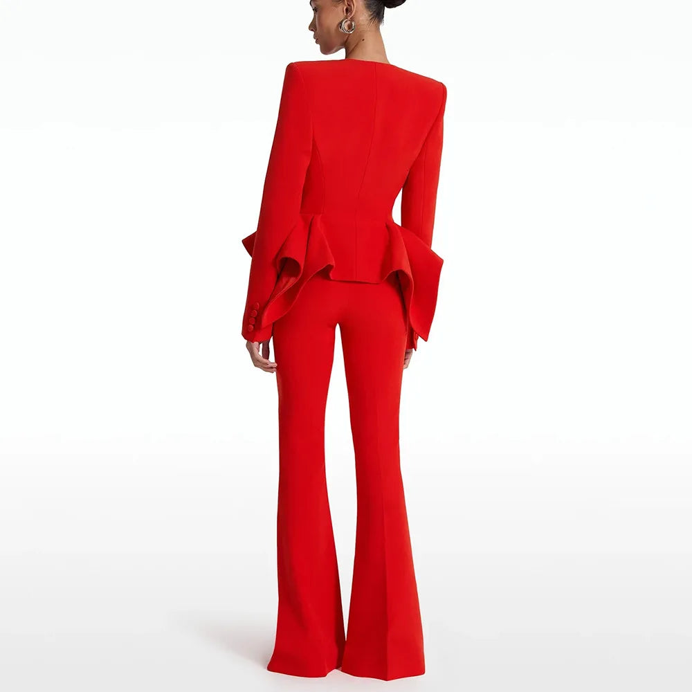 Pantsuit Suits Blazer Women Red Orange New Design Flare Pants Set Two Piece Sets Festival Office Business Female Suit Outfits