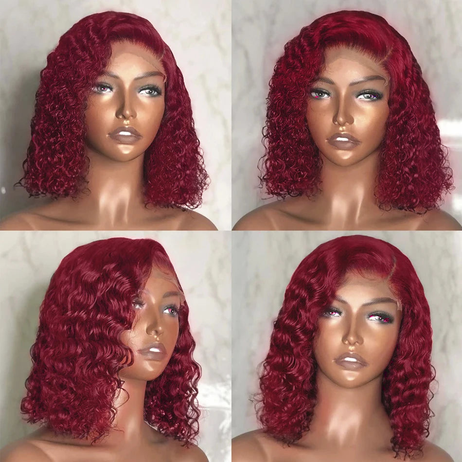200% Density 99J Burgundy Short Bob Hair Wig 13x4 Lace Front Wig 100% Human Hair Red Colored Deep Wave Lace Frontal Wig 14 Inch
